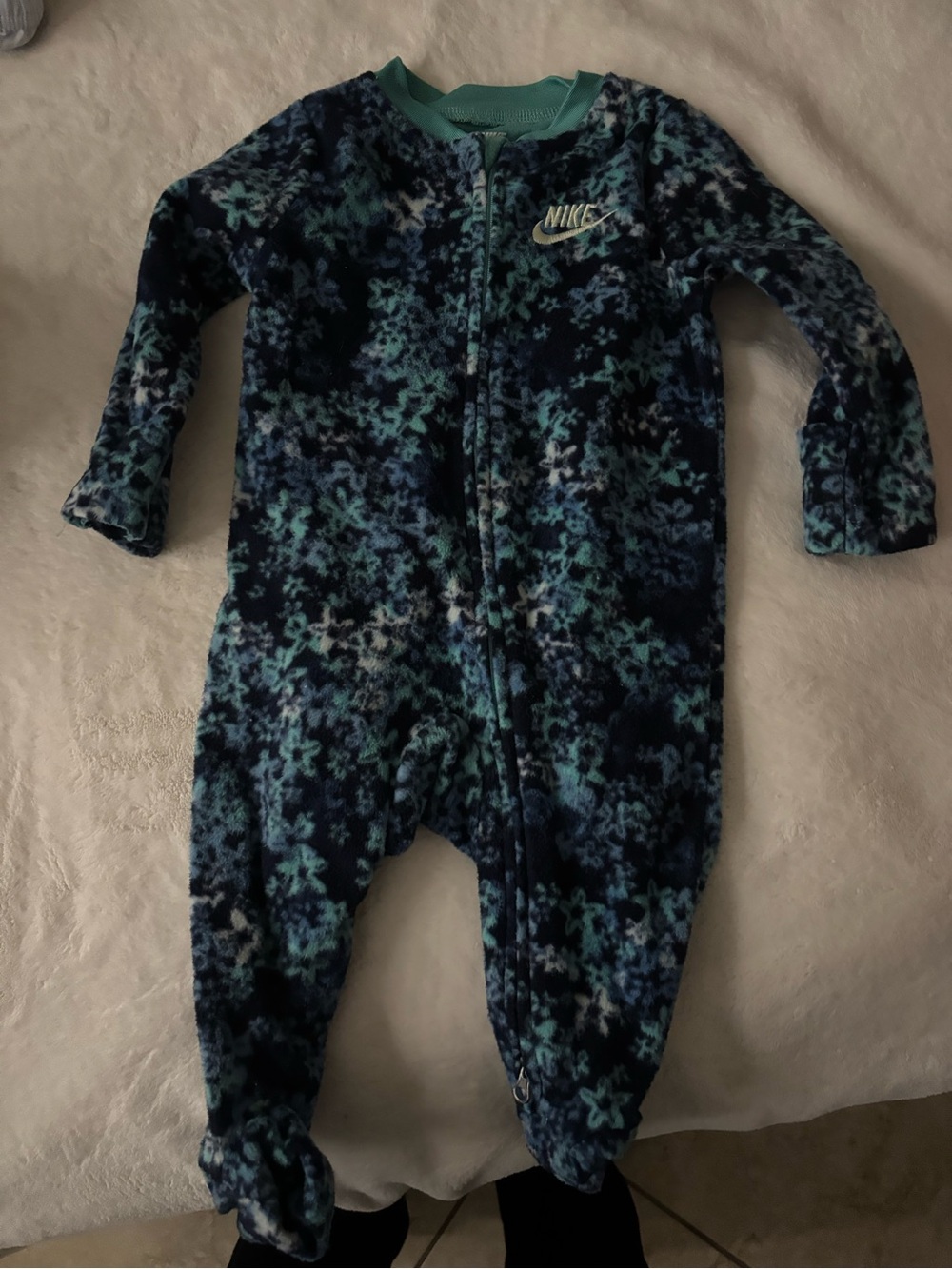 Nike Baby Fleece Footie One-Piece in Teal & Navy